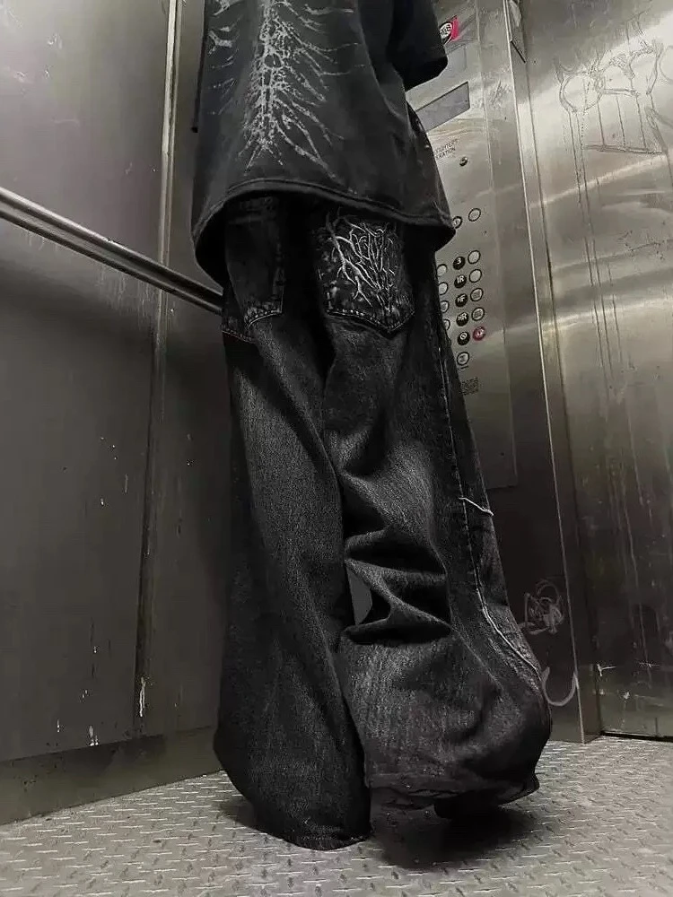 HOUZHOU Gothic Vintage Jeans Women Y2k Punk Hip Hop Baggy Denim Trousers Grunge Patchwork Black Retro Wide Leg Jeans Streetwear