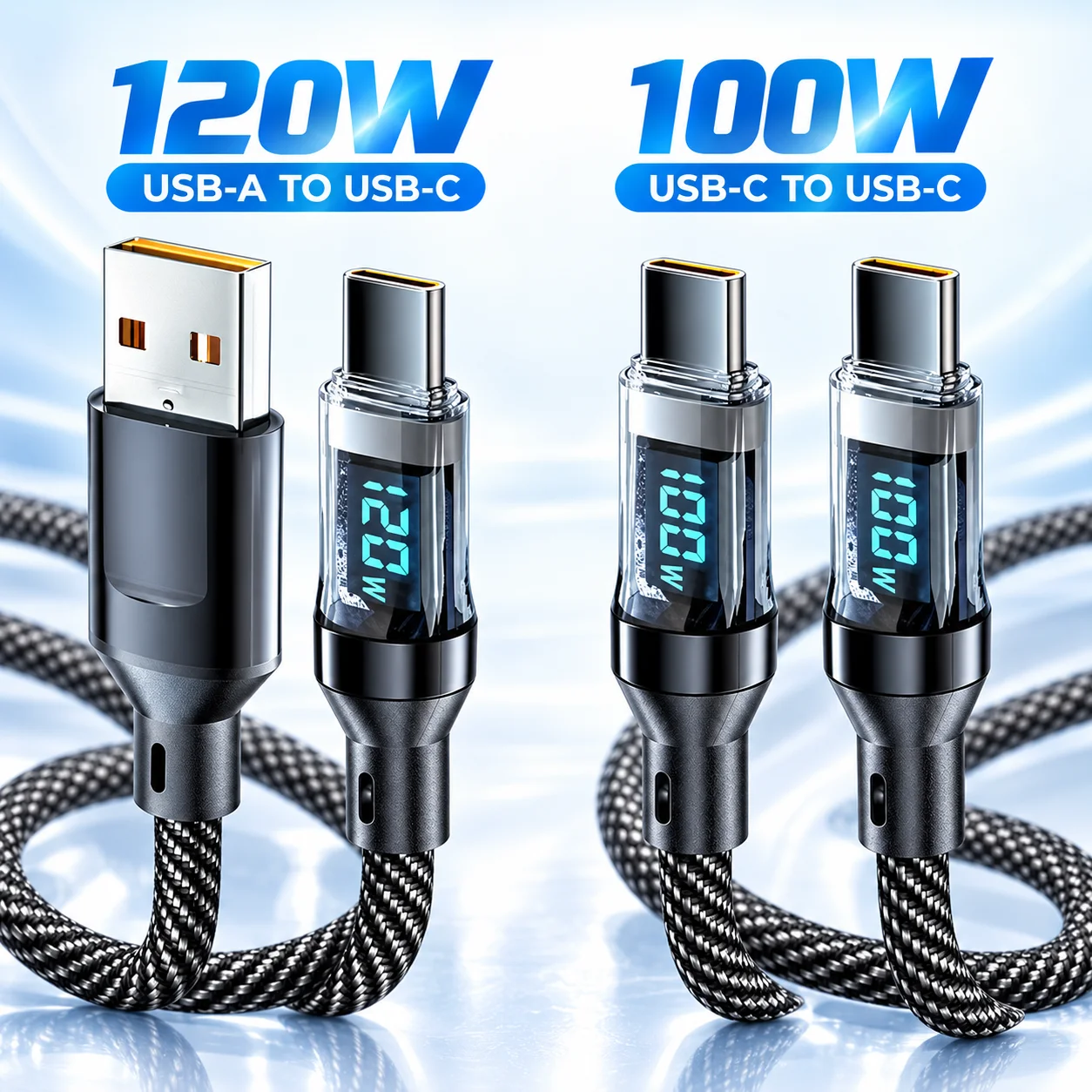 120W USB A to USB C Cable with LED Power Display, Fast Charging Data Sync Braided Type C Cord for Phone Tablet 1m 1.5m 2m
