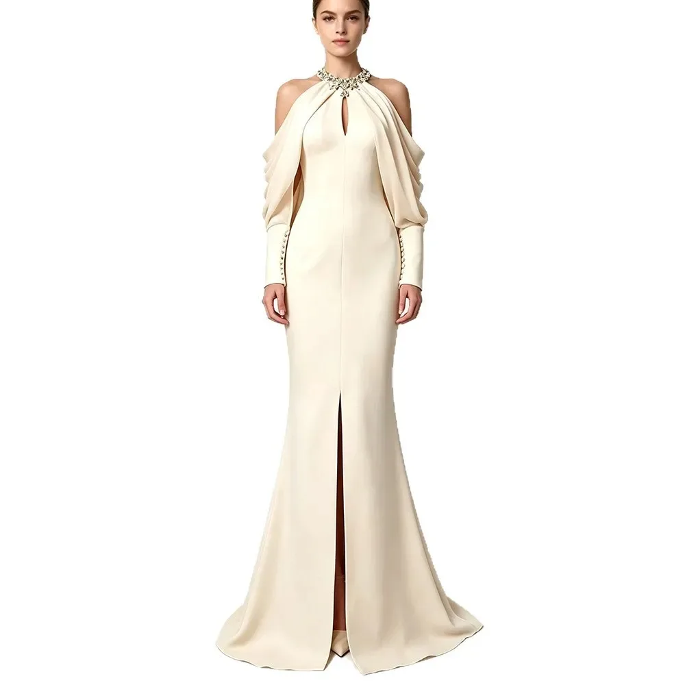 Customized Satin Off Shoulder Mermaid Evening Gown 2026 Featuring A Neckband Jewelry and Pleated Sleeves Suitable for Parties
