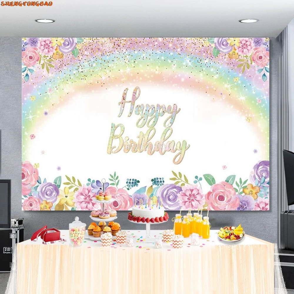 

Rainbow Glitter Star Flower Baby Shower 1st Birthday Party Customized Poster Photo Background Photography Backdrop