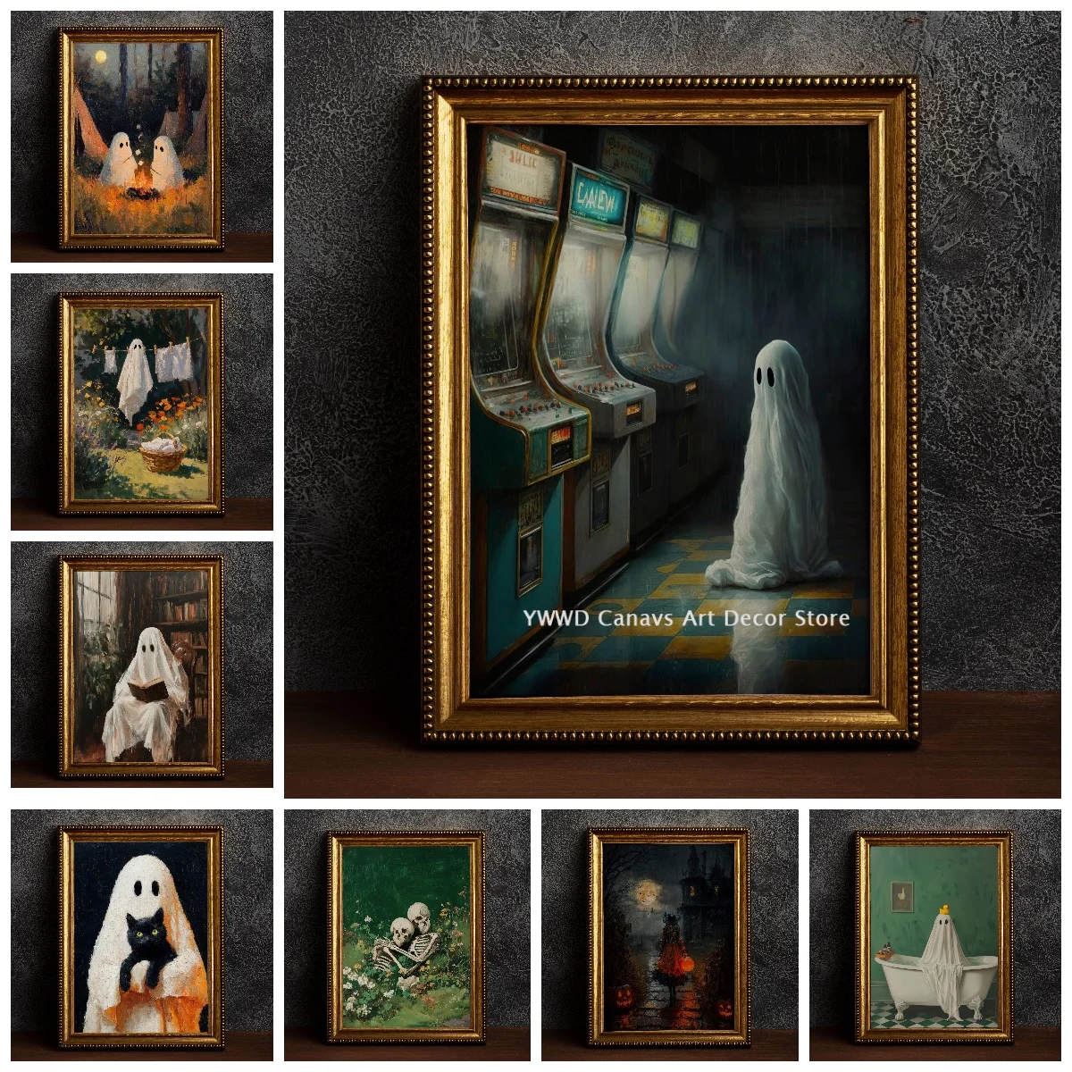 Ghost in An Abandoned Arcade Canvas Poster Autumn Hallowe Gothic Ghost Laundry Read Witch Wall Art Poster for Modern Home Decor
