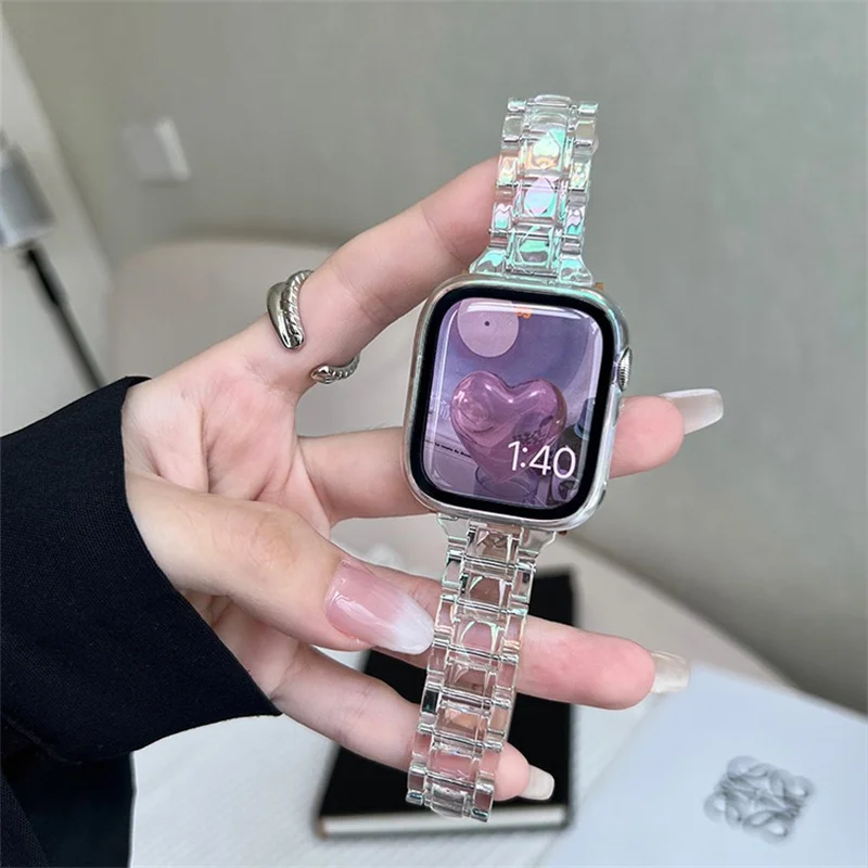 Rainbow Laser Transparent Band+Case For Apple Watch 7 41mm 45mm 38 40 42 44mm Glacier Strap Women Bracelet For iWatch 7 6 5 4 3