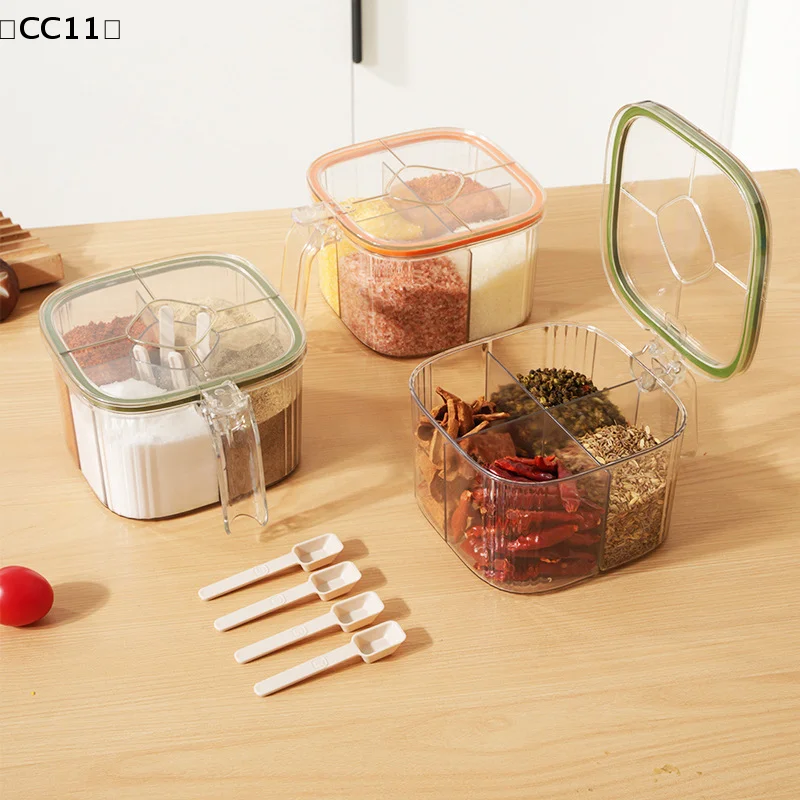 4 Grids Salt Pepper Seasoning Box Transparent Lid Spice Jar Chili Powder Sugar Bowl Condiments Storage Container Gadgets〔CC11〕