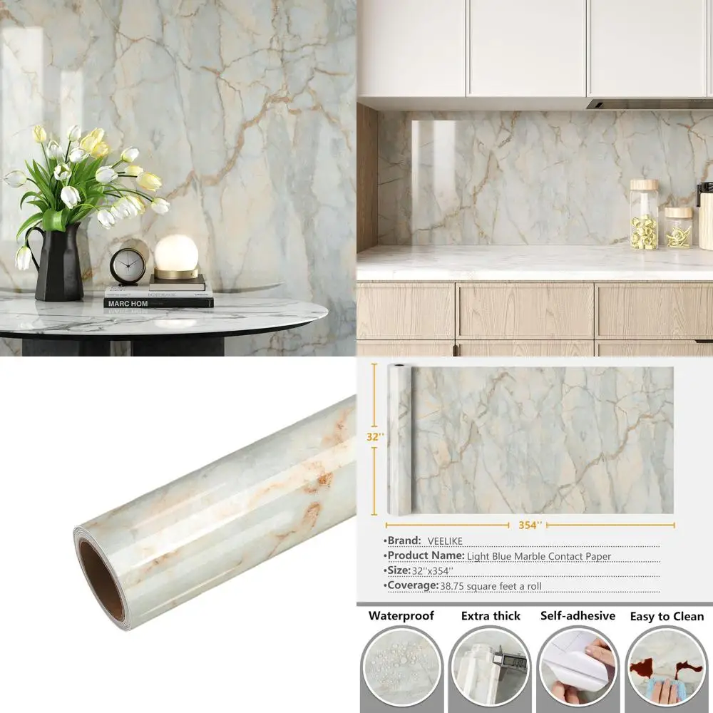 

Глянцевая контактная бумага из синего золота с мрамором, 32x354, водонепроницаемая, отслаивающаяся и приклеивающаяся для столешниц, кухни, ванны, мебели и стен