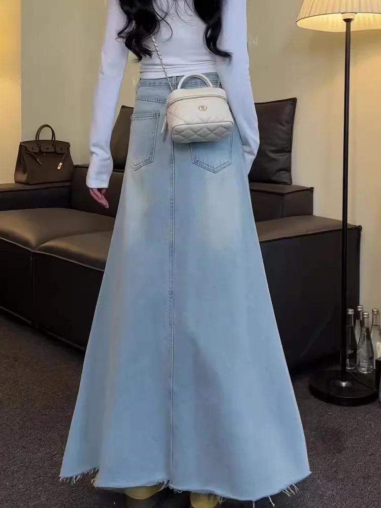Luz azul cintura alta denim a linha saia feminina emagrecimento longo sle casual primavera outono nova chegada saias