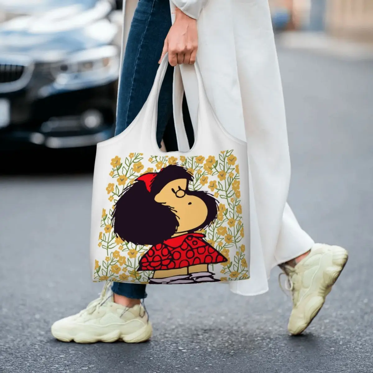 Custom Mafalda And Flowers Shopping Bag  Shoulder Canvas Tote Bag Portable Argentina Manga Quino Groceries Shopper  Handbags