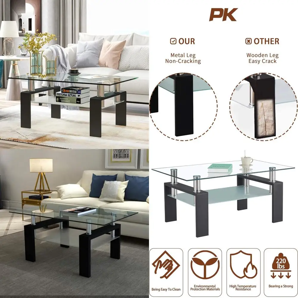 

Modern Two-Tier Glass Coffee Table with Rectangular Design for Living Room and Tea Serving