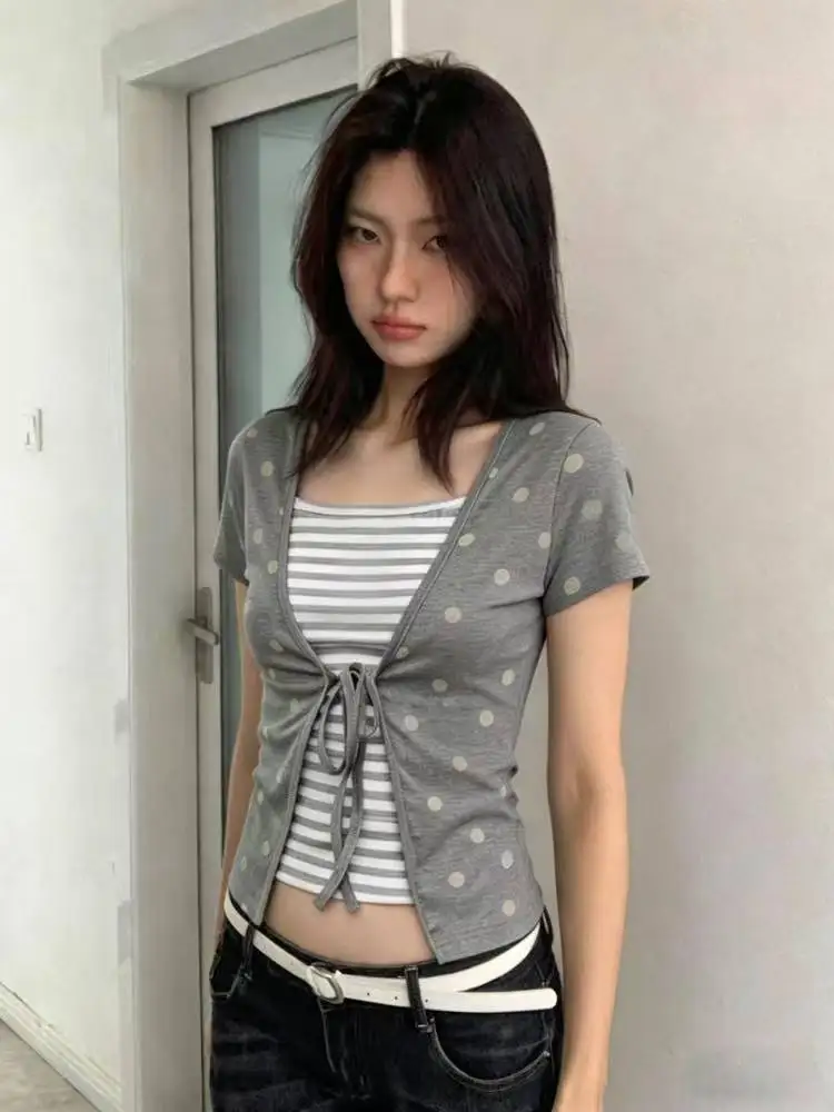 

American Style Vintage Patchwork Fake Two Tops Streetwear Retro 90s Shirt Women Short Sleeve Plaid Vintage Tops