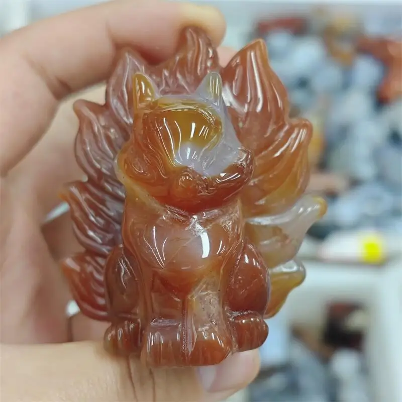 Natural Red Agate Nine-tailed Fox Carving Healing Crystal Stone Cute Birthday Present Home Decoration Gift 1PCS