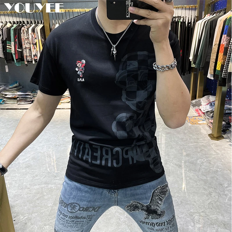 T-shirt Men\'s Summer New Loose Personalized Cartoon Printing Embroidery Fashion Brand Casual Round Neck Male Top Man Clothing