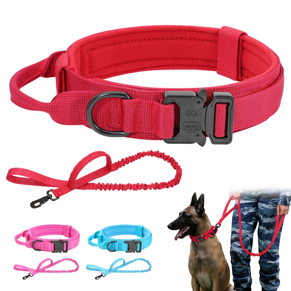 Durable Tactical Dog Collar Leash Set Adjustable Military Pet Collar Bungee Leash Medium Large Dog German Shepherd Red Blue Pink