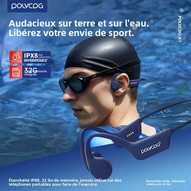 Casque à conduction osseuse POLVCDG Bluetooth 5.3, écouteurs IPX8 pour la natation et la course à pied, mémoire 32 Go avec microphone MP3, NOUVEAU X7 2024