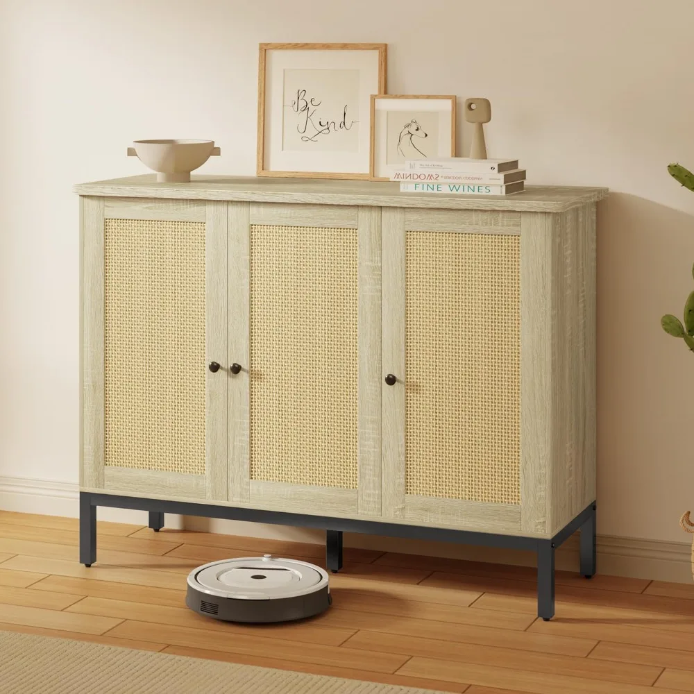 

Buffet Cabinet with Storage, Kitchen Sideboard Buffet Storage Cabinet with 3 Rattan Decorated Doors, Accent Cabinet