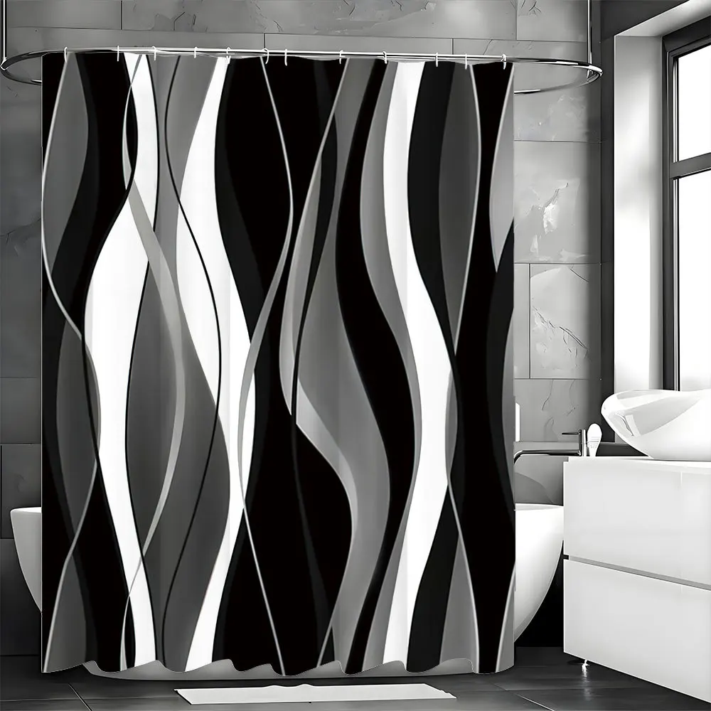 

Черная занавеска для душа с разноцветными линиями, моющаяся грязеотталкивающая насадка для душа, водонепроницаемая полиэстеровая занавеска для ванны для домашнего декора