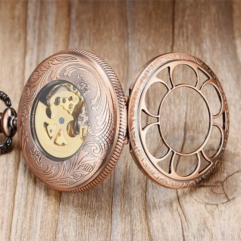 Vintage Hollow Out Pumpkin Mens Womens Auto Mechanical Pocket Watches Roman Number Dial Pendant Chain Skeleton Clock Gift