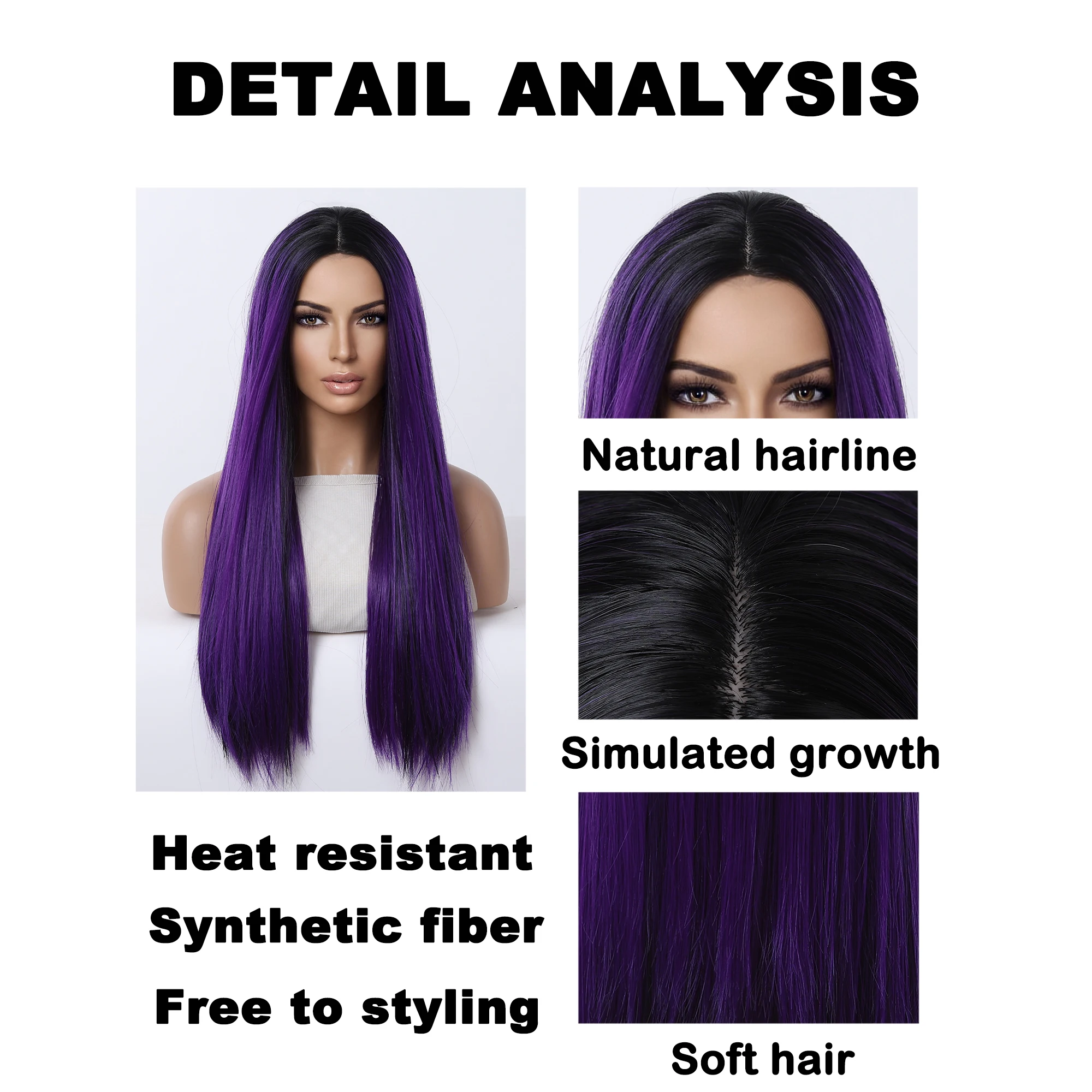 CRAFTOURIST Ombre Purple Long Straight Synthetic Wigs for Women Red Black Cosplay Wig for Christmas Heat Resistant Fiber