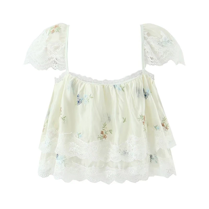 YENKYE Camicetta estiva sexy con ricamo floreale per ragazza dolce, finiture in pizzo, collo quadrato, manica corta, top corto per le vacanze