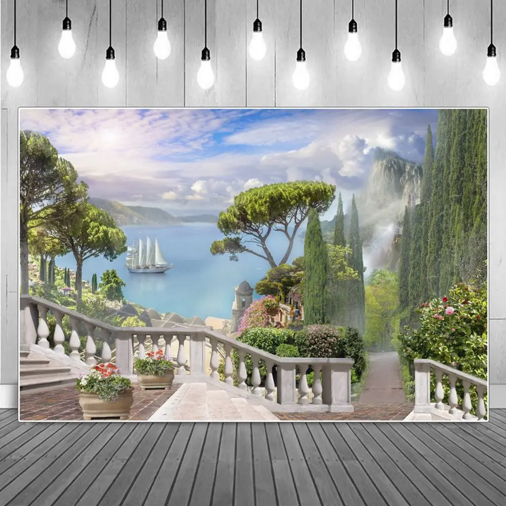 

Sea Bay Town Pathway Stairs Scenic Photography Backgrounds Clouds Mountain Tree Ship Flower Pot Party Decoration Photo Backdrops