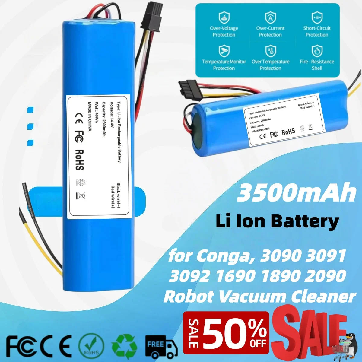 

14.4V 3500mAh Li Ion Battery Compatible for Cecotec Compatible for Conga 3090 3091 3092 1690 1890 2090 Robot Vacuum Cleaner