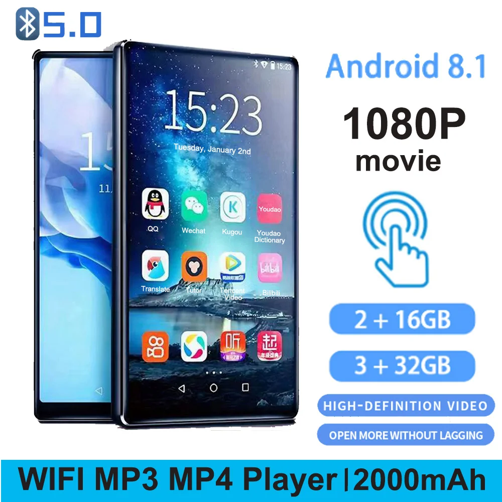 Android 8.1 WifI MP3 Player With Bluetooth 5.0 ,3.97'' Touchscreen HiFi Lossless Sound MP5 For Spotify/Pandora/Deezer /Twitter