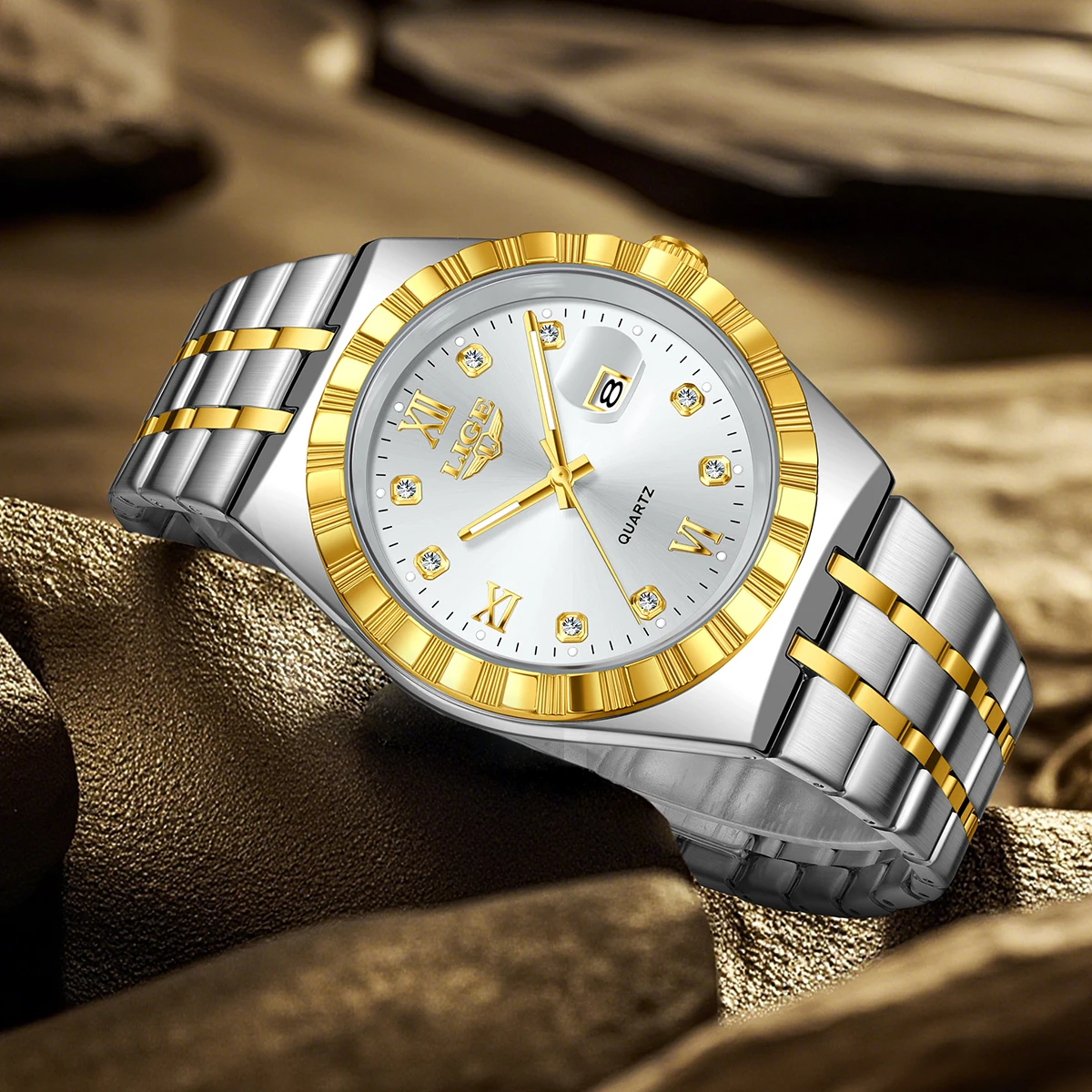 LIGE 새로운 럭셔리 트렌디 남성용 시계 방수 발광 스테인리스 스틸 남성 시계 날짜 표시 쿼츠 비즈니스 남성 손목시계+박스 선물