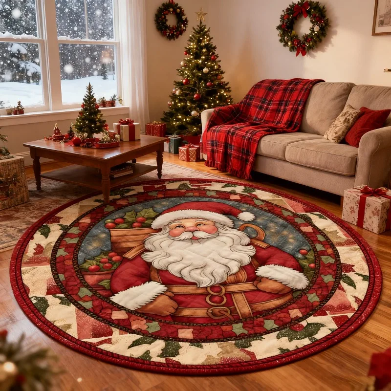 Vintage Santa Claus Round Rug Luxury Decorative Carpet for Living Room Sofa Festive Non-Slip Floor Mat for Bedroom Bedside