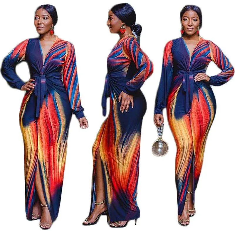 섹시 슬림 롱 프린트 드 오토멈 패션 V넥 미드웨이스트 폴리에스터 롱 슬리브 원피스 여성용 드