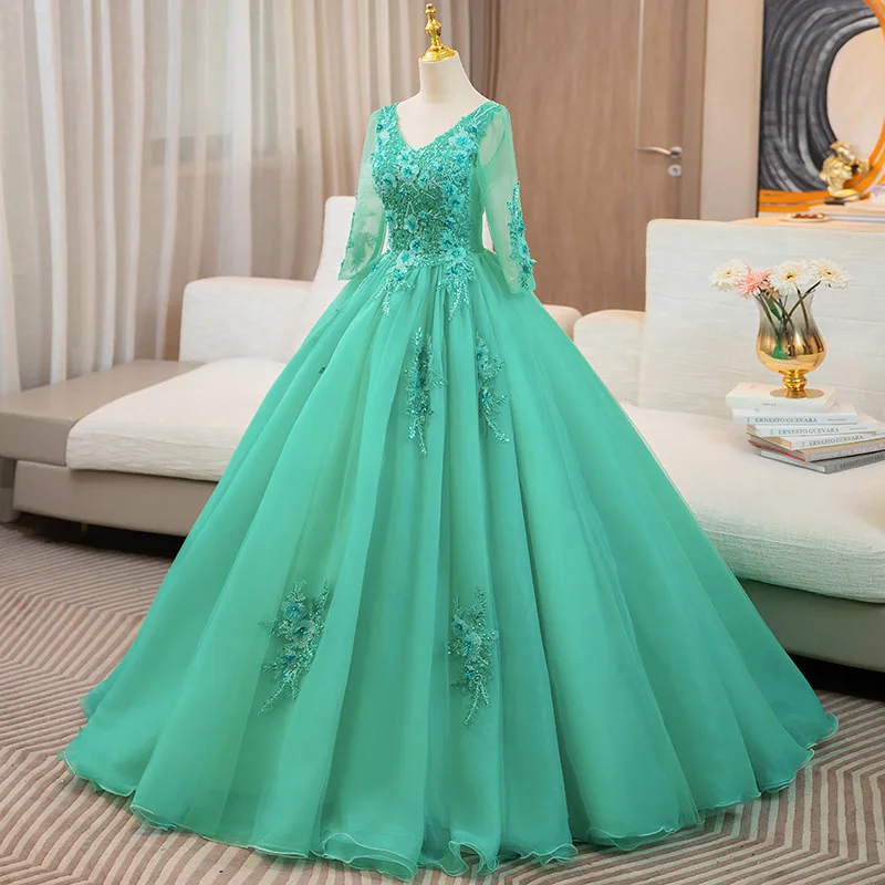 Robe de Rhà manches longues avec appliques en dentelle, robe de Rh, robe de fête d'anniversaire, Sweet 15 Quinceanera, tenue de soirée, Real Picture, 3/4