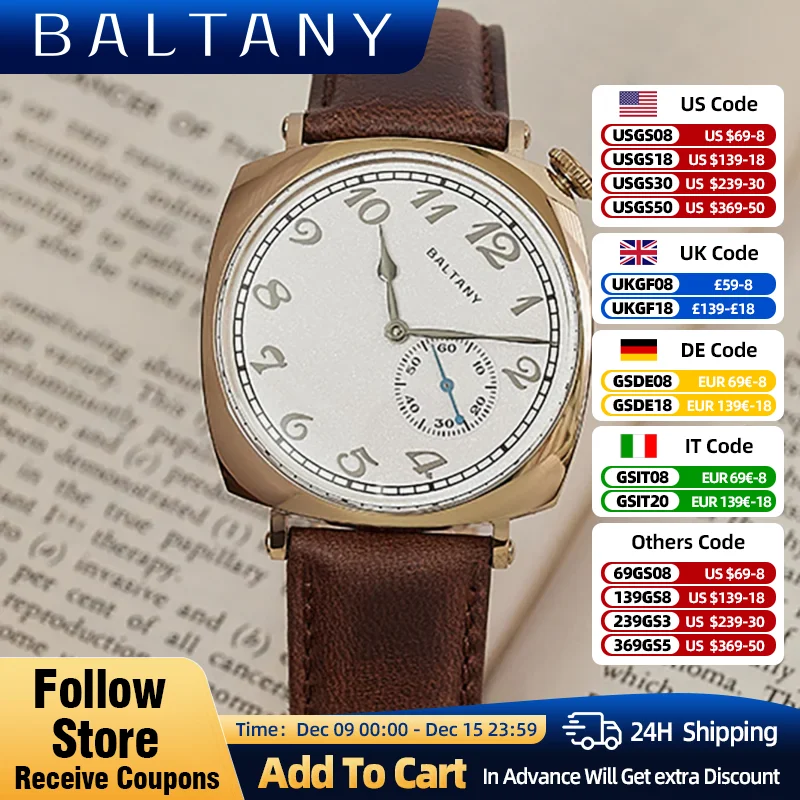 Baltany American 1921 Homage Watches ST1701 Gold Case Sapphire Crystal 5ATM Square Stainless Steel Automatic Dress Wristwatch