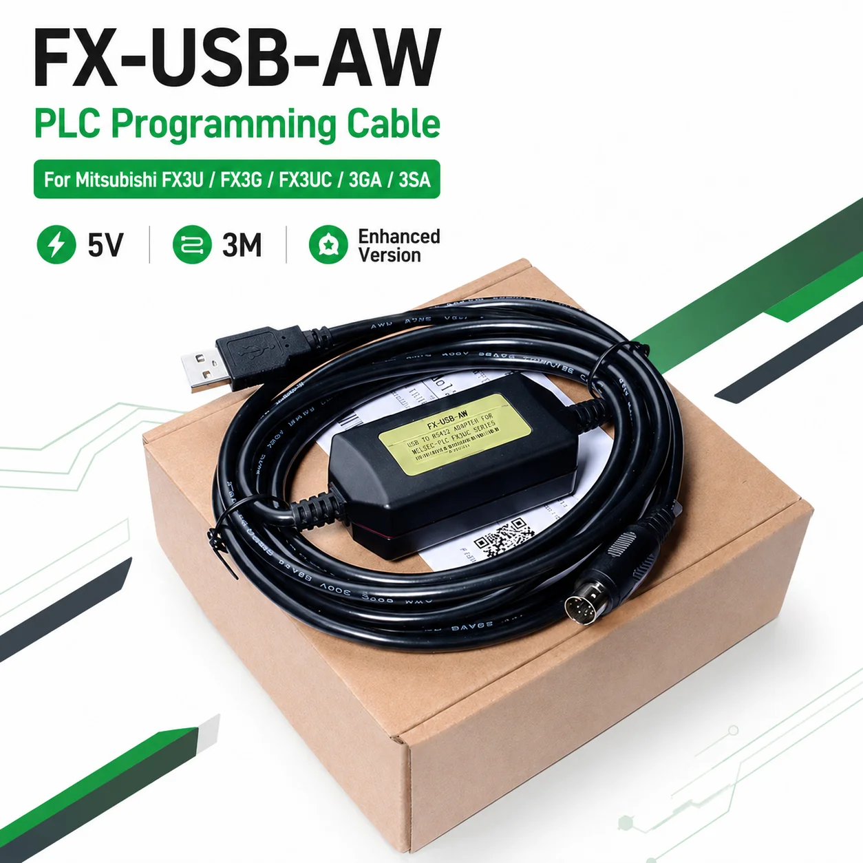 FX-USB-AW PLC Programming Download Cable for Mitsubishi FX3 Series, USB Connection, 5V Enhanced Stable Communication Cable, 3M