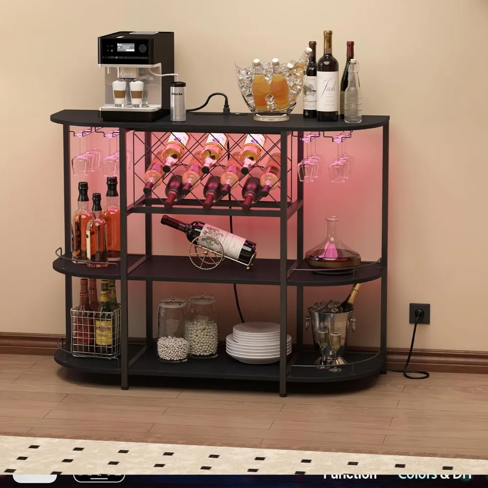 Coffee Table with Power Socket and LED Light, Three Tiers Coffee Bar Table Wine Rack Liquor Bar with Large Storage