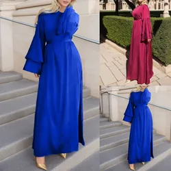 Muslim Women Dress With Belt Double Layer Flare Sleeve Split Caftan Abayas Ramadan High Waist African Dresses Islamic Clothing