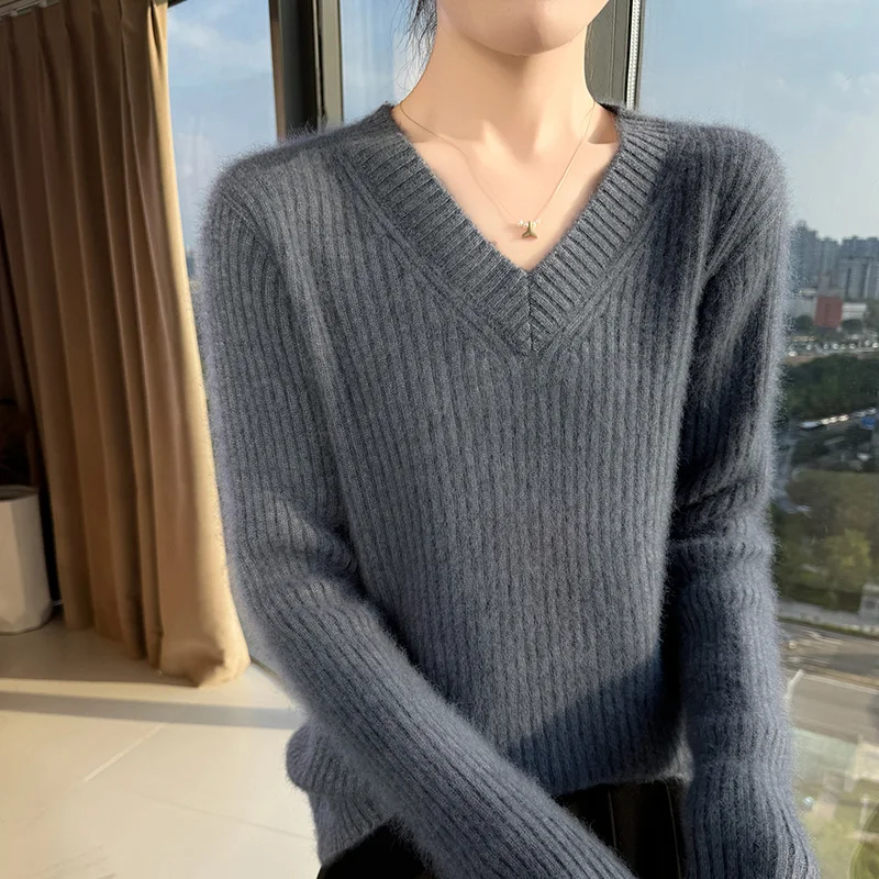 Basique femmes 100% vison cachemire pull solide pull nouveau automne hiver chaud à manches longues col en v cachemire tricots vêtements haut
