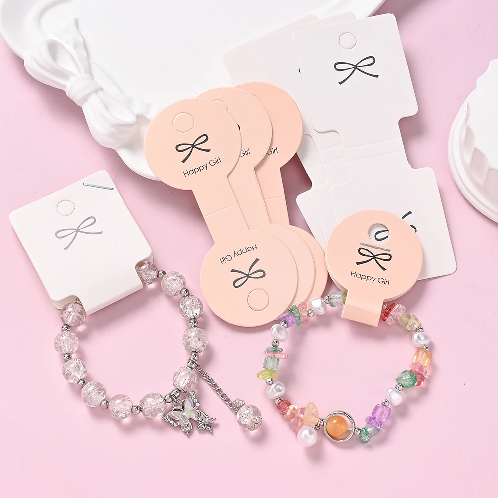 Armband- und Halsketten-Displaykarten-Set, 100 weiße Displaykarten mit „Happy Girl“-Schleifendruck für Armbänder, Ketten und Bastelarbeiten – Detail 2