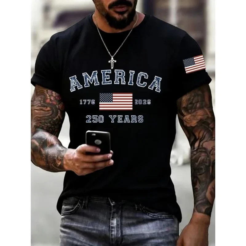 America 250 Years Patriotic Mens T Shirt Crew Neck Short Sleeve Flag Graphic Print Red Casual Tee Top Daily Street Wear