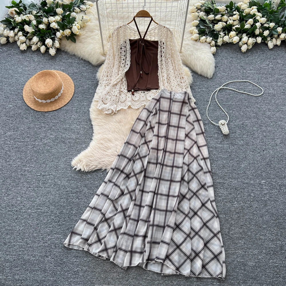 

Винтажная элегантная клетчатая корейская модная женская одежда, пляжные платья, комплект из двух предметов