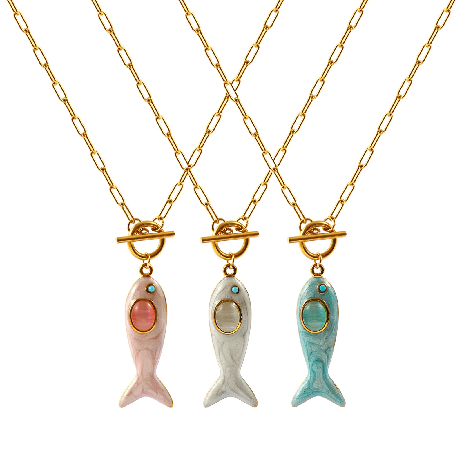 Collier avec pendentif en émail bleu et strass en forme de poisson, plaqué or 18 carats, chaîne à maillons trombone en acier inoxydable 304, thème océan, 45 cm (17,7 po) de long