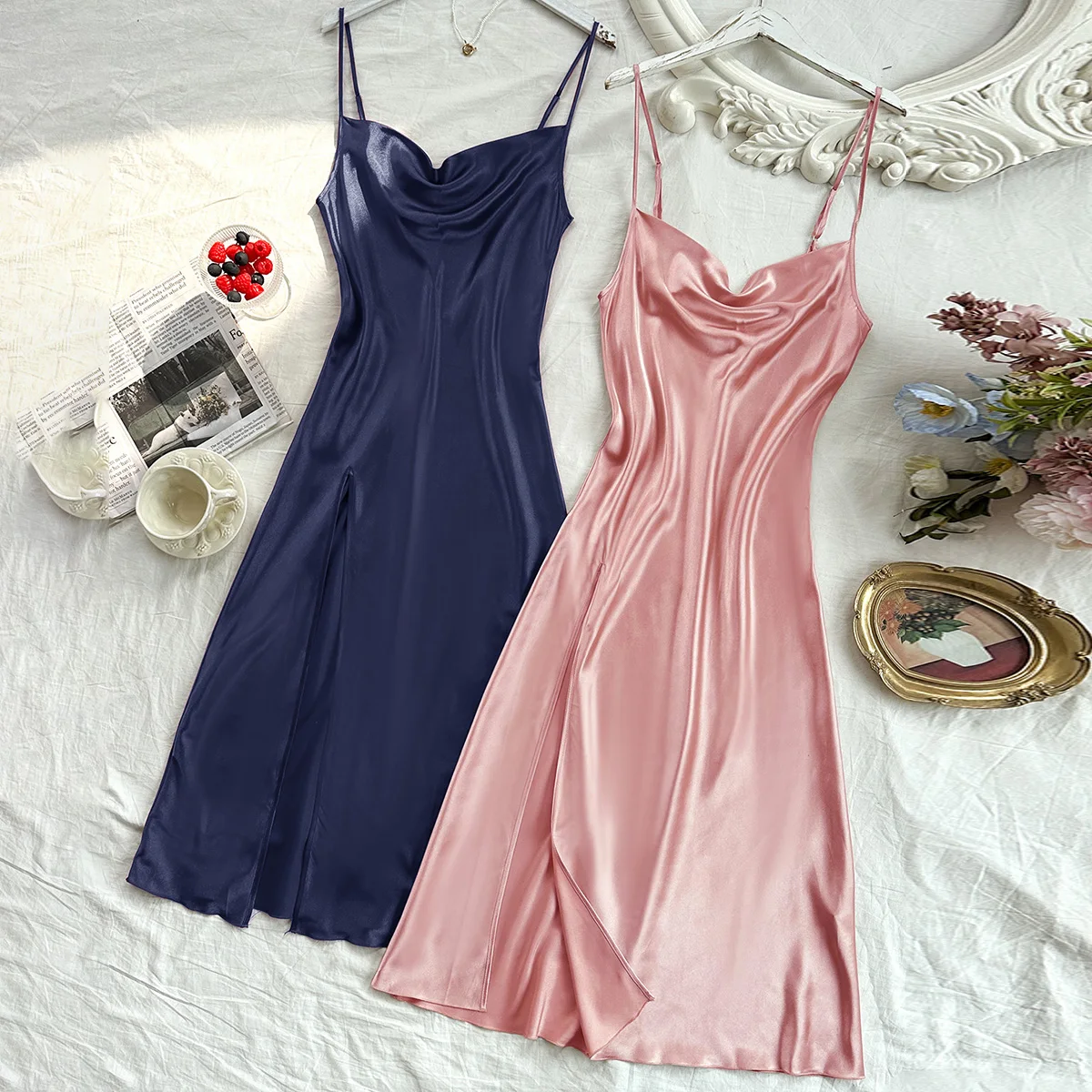 New two-piece summer dress home casual breathable pajamas nightdress solid color imitation silk home wear women