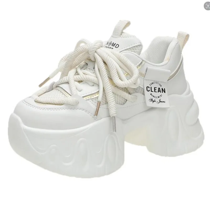 

Новые женские весенне-осенние массивные кроссовки, кожаная обувь на толстой подошве, вулканизированная обувь на высокой платформе, повседневная спортивная обувь для папы, 8 см