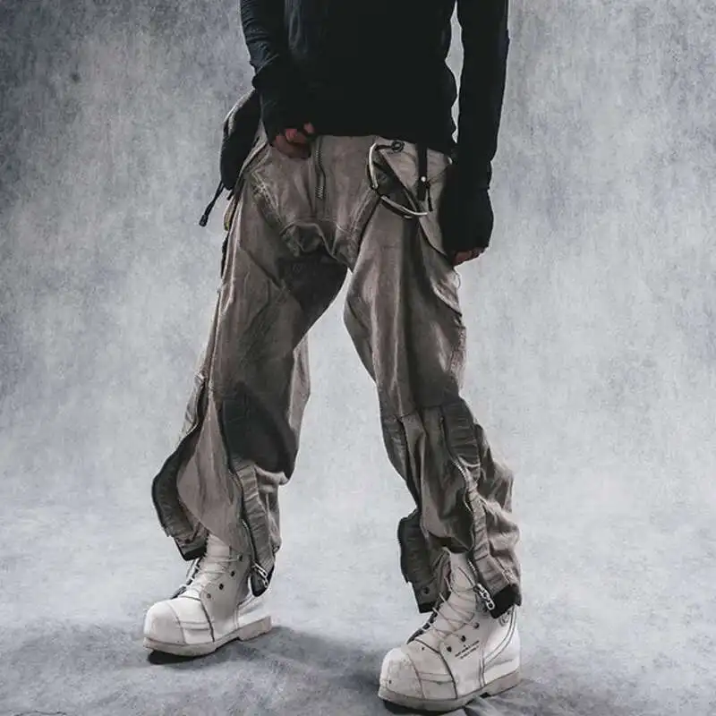 HKSH ربيع جديد الرجال المد غسل النفايات الأرض جيوب داكنة واسعة الساق قابل للتعديل فضفاض عادية الثقيلة سفاري نمط البضائع السراويل HK3905 #2