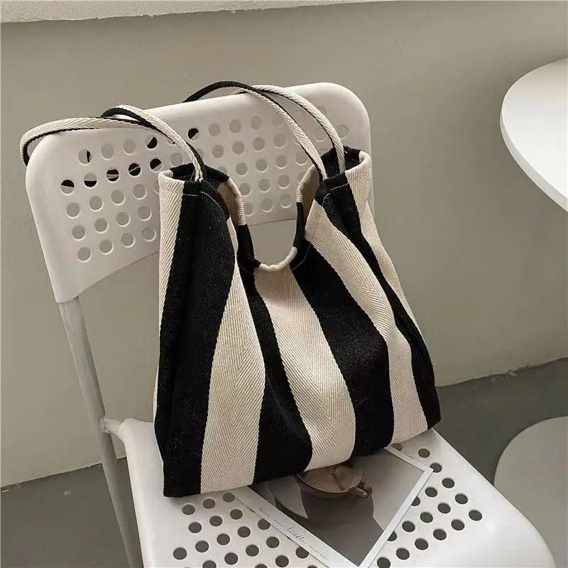 2023 fashion korea literature stripe Women\'s Canvas Tote Bag retro Shopper Bags Lady canvas big Shoulder Bag For Women