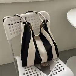 2023 fashion korea literature stripe Women's Canvas Tote Bag retro Shopper Bags Lady canvas big Shoulder Bag For Women