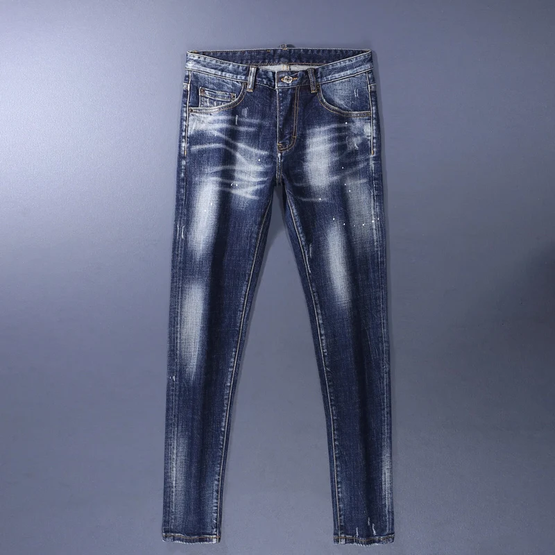 Men Dark Blue Multi‑Layer Ripped Splash Ink Washed Skinny Jeans Stretch Mid Waist Denim Pants hombre