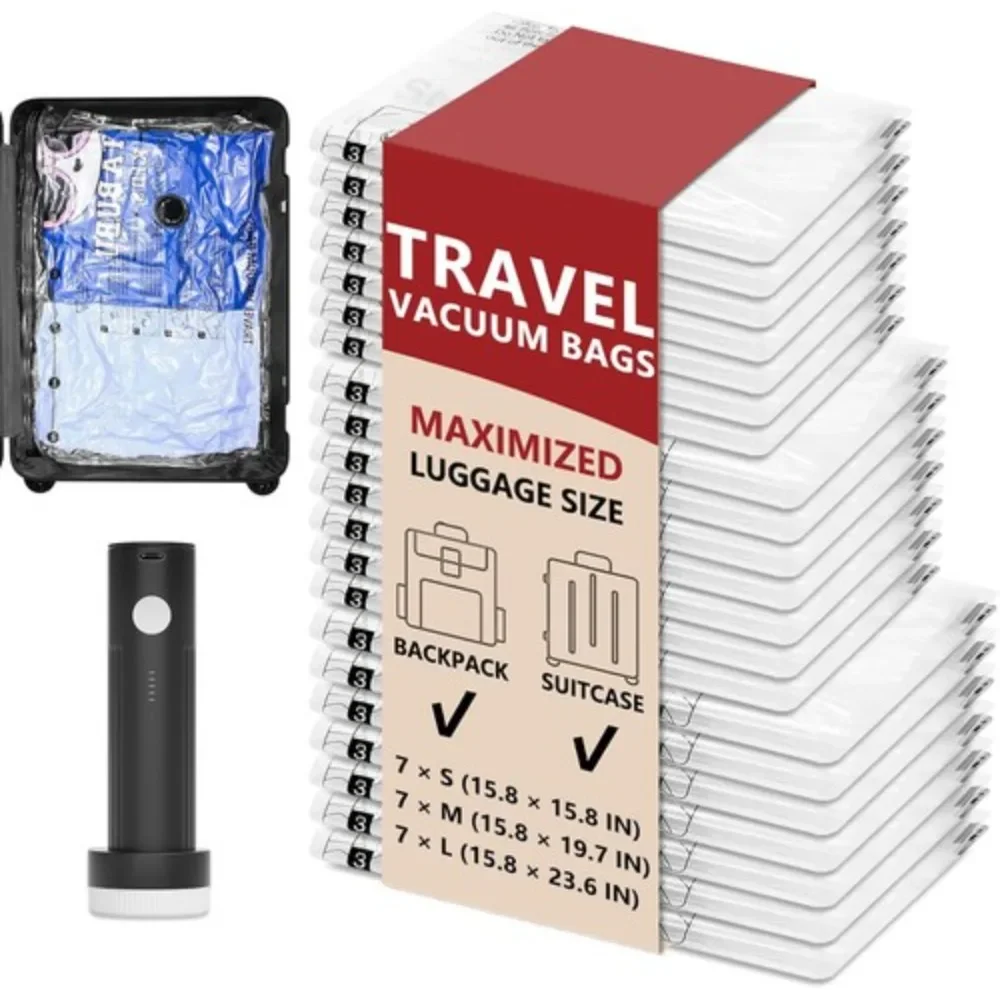Bomba eléctrica recargable e inalámbrica (1500 mAh) con 18 bolsas de almacenamiento al vacío, bolsas de compresión multiusos para organizar el armario, preparar maletas para viajar y guardar equipos