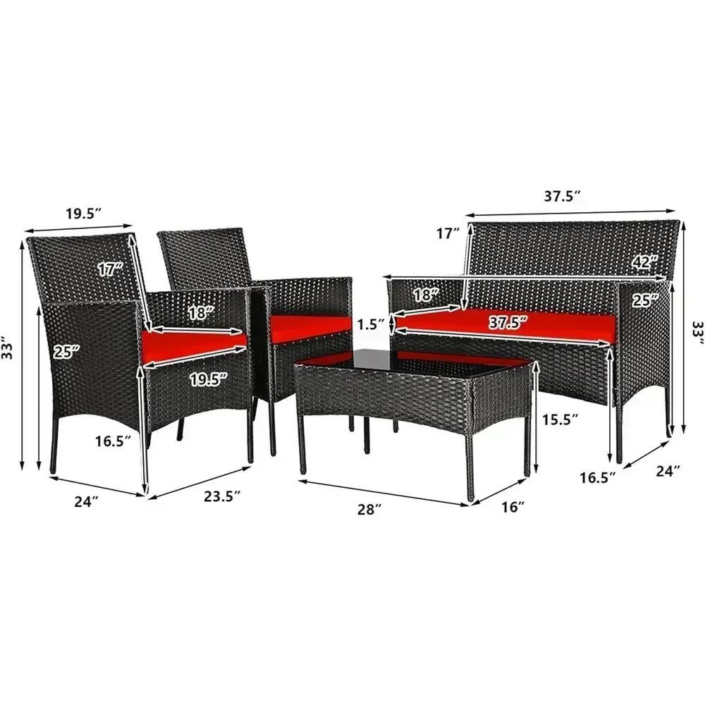 8-Piece Rattan Outdoor Furniture Set with Loveseat, Cushions, Weather-Resistant for Balcony, Porch, Backyard, Deck - Red