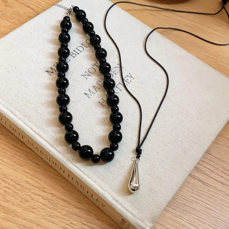Minar Harajuku Black Color Glass Beads Metallic Water Drop Pendant Necklace for Women Double Layers PU Leather Rope Chain Choker