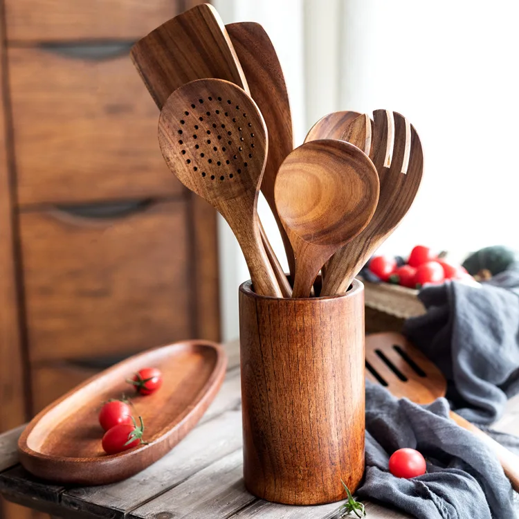 Teak Wood Non-stick Cookware Wooden Spatula Long Handled Wooden Spatula Vegetable Spatula Acacia Wood Cooking Set Kitchen Tools