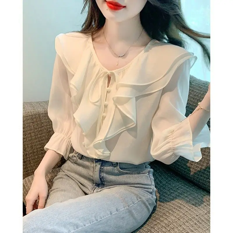 High Street Sweet Tie Up Ruffled Three Quarter Sleeved Women\'s Chiffon Shirt Summer Casual Commuting Temperament Top for Women