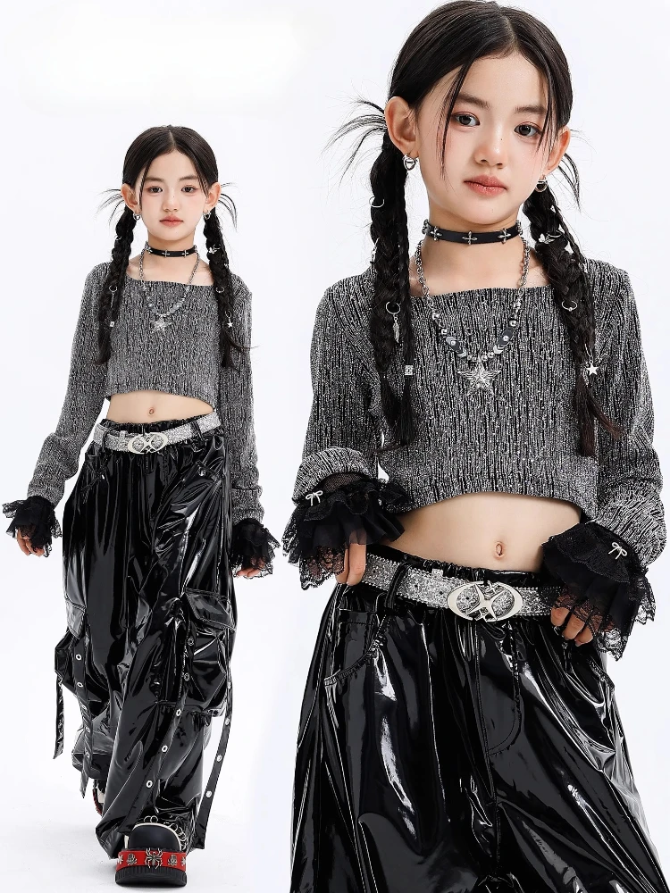 

Girls Hip Hop Shiny Crop Long Sleeve Top Black Leather Pants Group K-pop Jazz Stree Dance Clothes Sets Cool Streetwear Costume