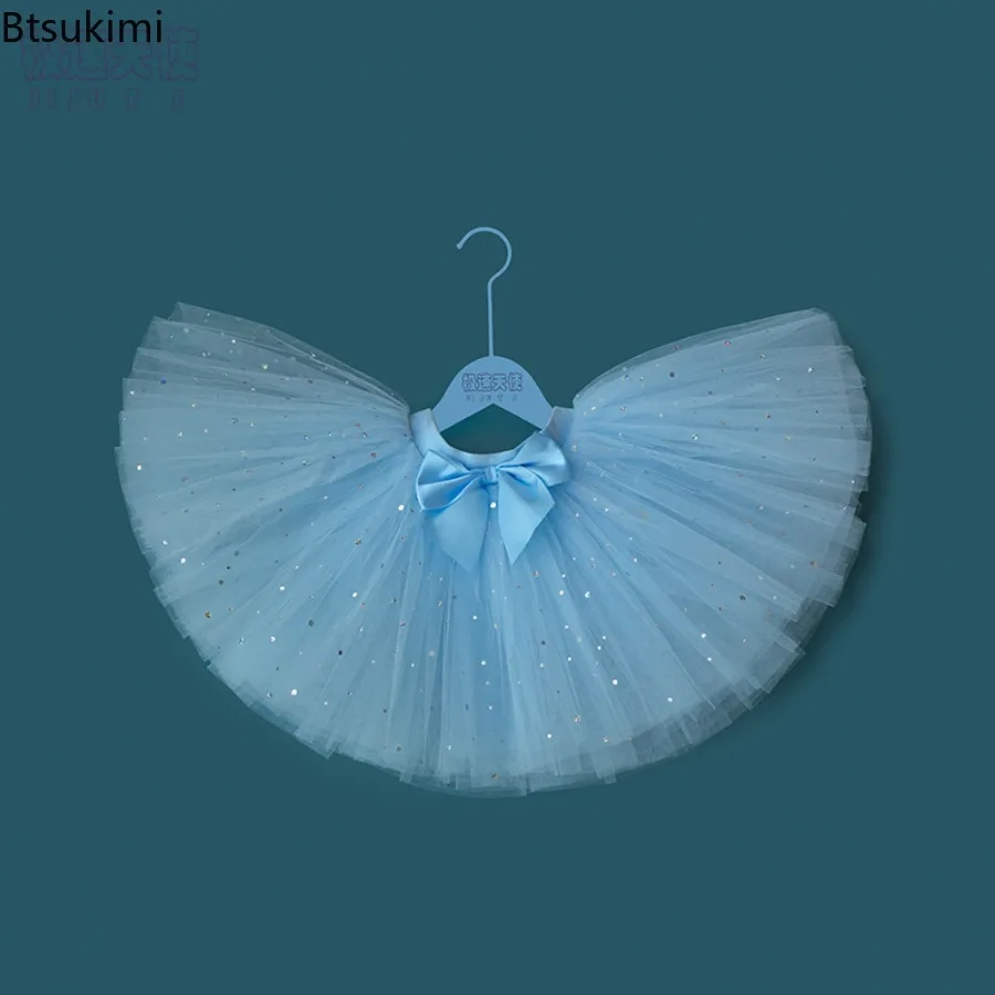 Girls Fluffy Skirt Sequin Sparkle Shine Mini Tutus Tulle Bowknot Costume 4 Layers Kids Ballet Princess Dancewear for Party Stage